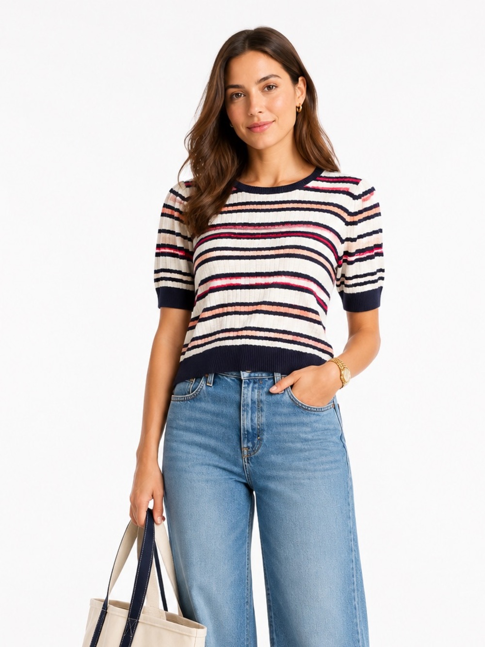 Vintage 90’s Liz Claiborne Navy, Cream & Pink Striped Short Sleeve Sweater